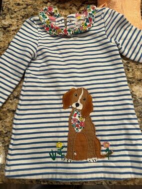 Boden Striped Blue & White Dress with Puppy Applique